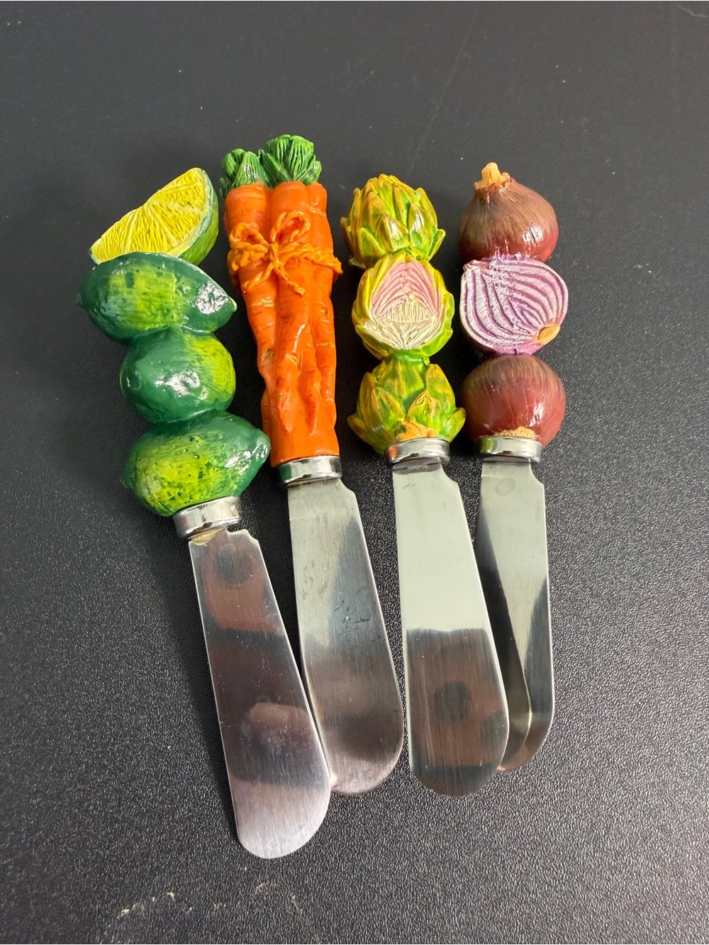 Vegetable-Themed Spreader Set — Lime, Carrot, Artichoke, Onion Handles